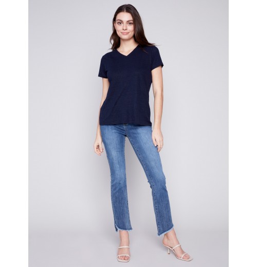 V-Neck Linen T-Shirt - Navy