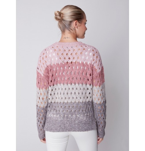 Striped Net Stitch Sweater - Port