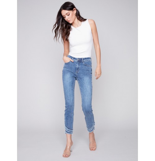 Frayed Hem Denim Pants - Medium Blue