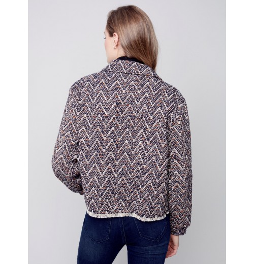 Chevron Tweed Short Jacket - Navy