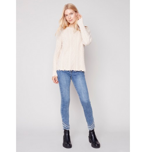 Cotton Blend Cable Knit Sweater - Ecru