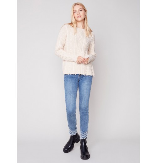 Cotton Blend Cable Knit Sweater - Ecru