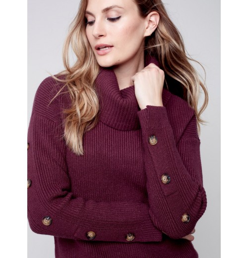 Cowl Neck Sweater with Button Detail - Port