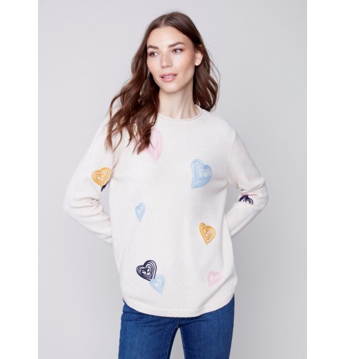 Embroidered Hearts Sweater - Ecru