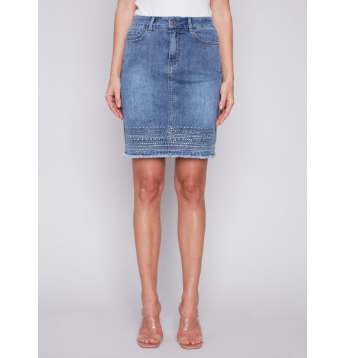 Embroidered Hem Denim Skort - Medium Blue