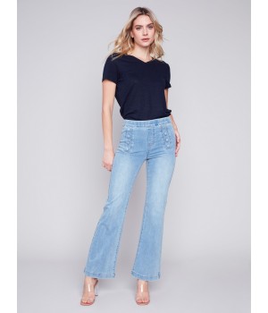 Flare Jeans with Decorative Buttons - Light Blue