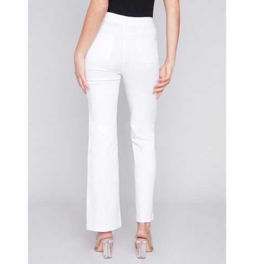 Flare Twill Pants with Decorative Buttons - White