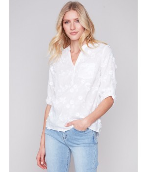 Half-Button Embroidered Cotton Blouse - White