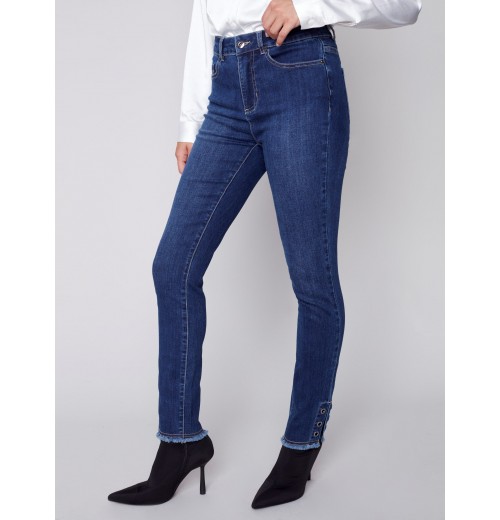 Jeans with Eyelet Hem Detail - Indigo