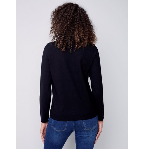 Knit Sweater with Diagonal Zipper Detail - Black