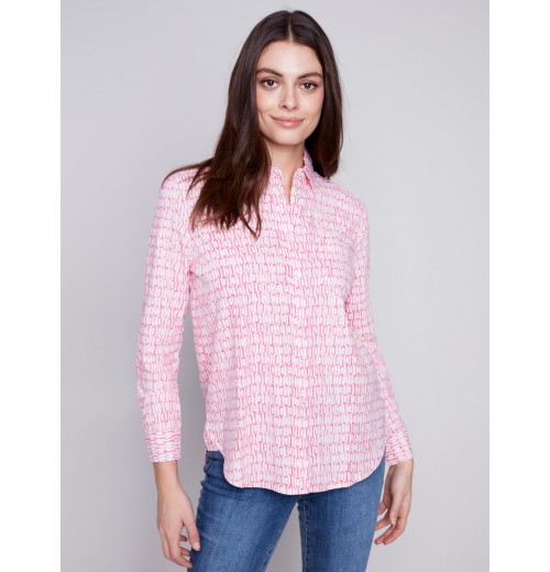 Linen Blend Button-Down Shirt - Flamingo