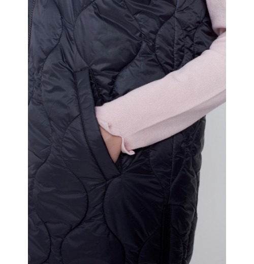 Long Quilted Puffer Vest with Hood - Black