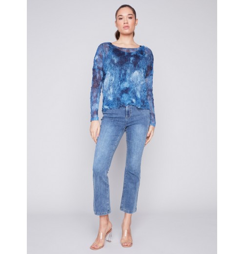 Printed Crinkle Mesh Top - Denim