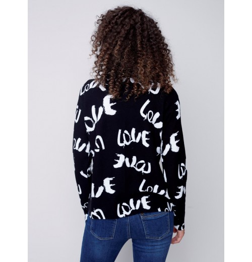 Printed Ottoman Cotton Funnel Neck Sweater - Black & White