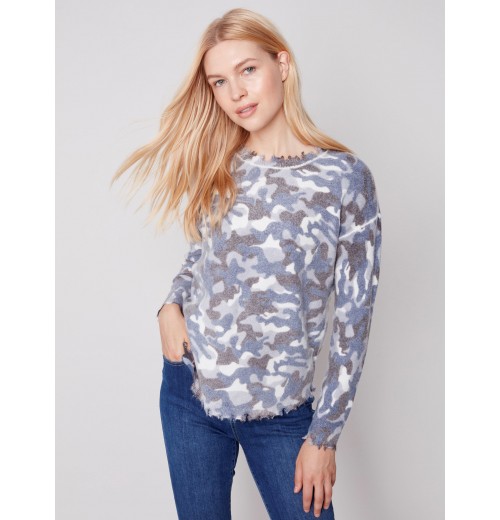 Reversible Printed Sweater with Frayed Edge - Denim