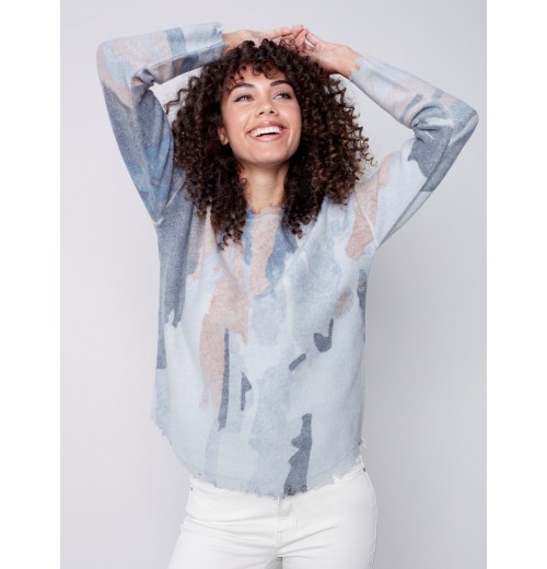 Reversible Printed Sweater with Frayed Edge - Truffle