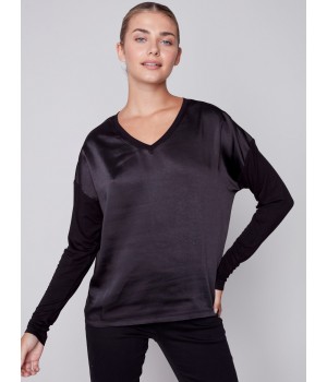 Satin and Jersey Knit Top - Black