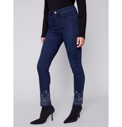 Slim Leg Jeans with Geometric Embroidery - Blue Black