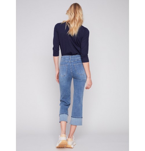 Straight Leg Jeans with Folded Cuff - Medium Blue