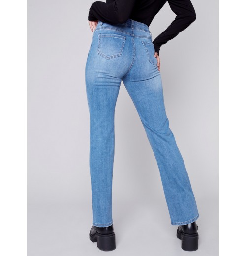 Straight Leg Jeans with Trompe L'Oeil Patch Detail - Medium Blue