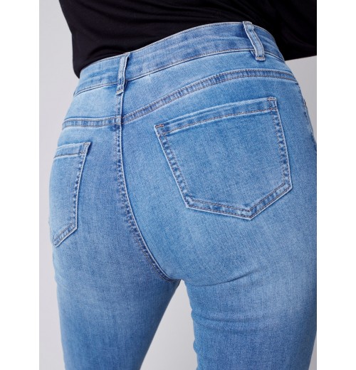 Straight Leg Jeans with Trompe L'Oeil Patch Detail - Medium Blue