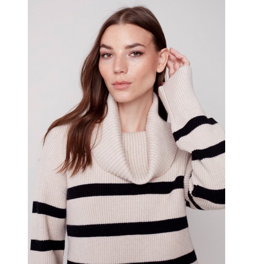 Striped Sweater with Cowl Neck - Almond