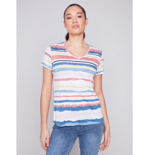 Striped V-Neck Linen T-Shirt - Pastel