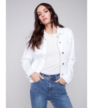 Twill Jean Jacket with Frayed Edges - White