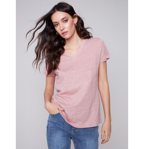 V-Neck Linen T-Shirt - Dusty Rose