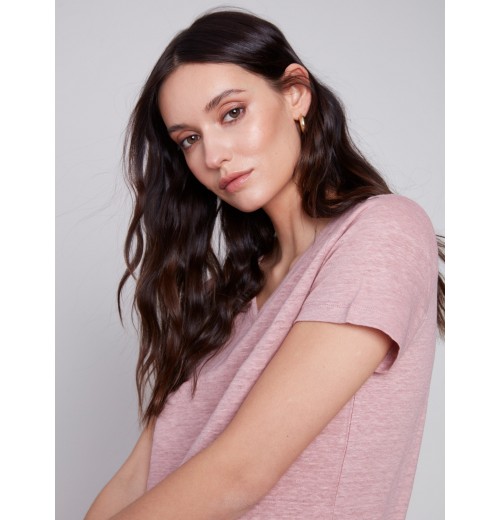 V-Neck Linen T-Shirt - Dusty Rose