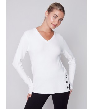 V-Neck Sweater with Grommet Detail - Cream