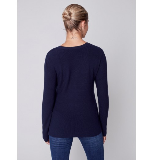 V-Neck Sweater with Grommet Detail - Navy