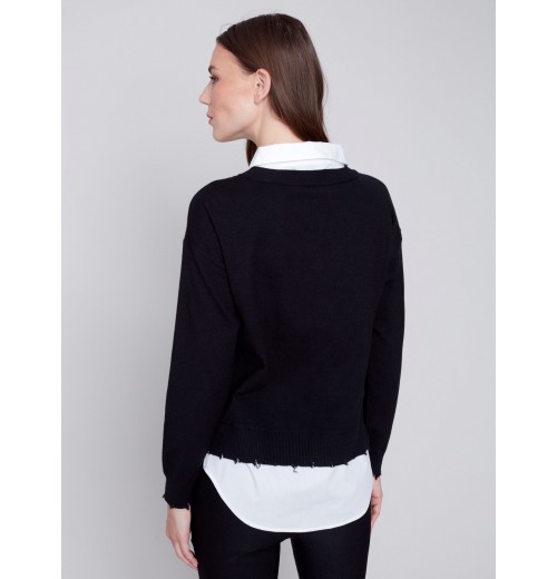 V-Neck Sweater with Shirt Collar - Black